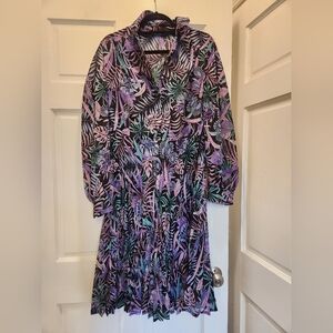 Vintage 70s 80s Tropical Floral Semi Sheer Long Sleeve Dress L